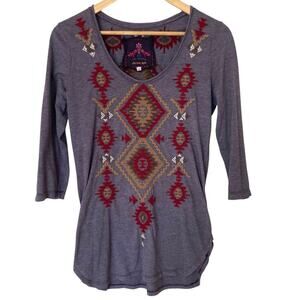 JOHNNY WAS Aztec Embroidered 3/4 Sleeves Tunic Top Purple,  Size Small